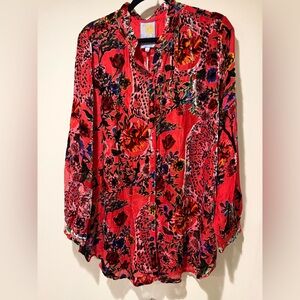 Johnny Was Red Floral Velvet Burnout Blouse